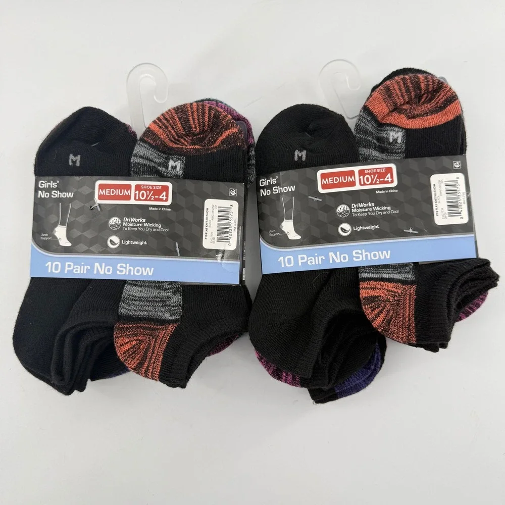Athletic Works Girls Medium 10.5-4 No Show Socks 20 Pair Black DriWorks Athletic